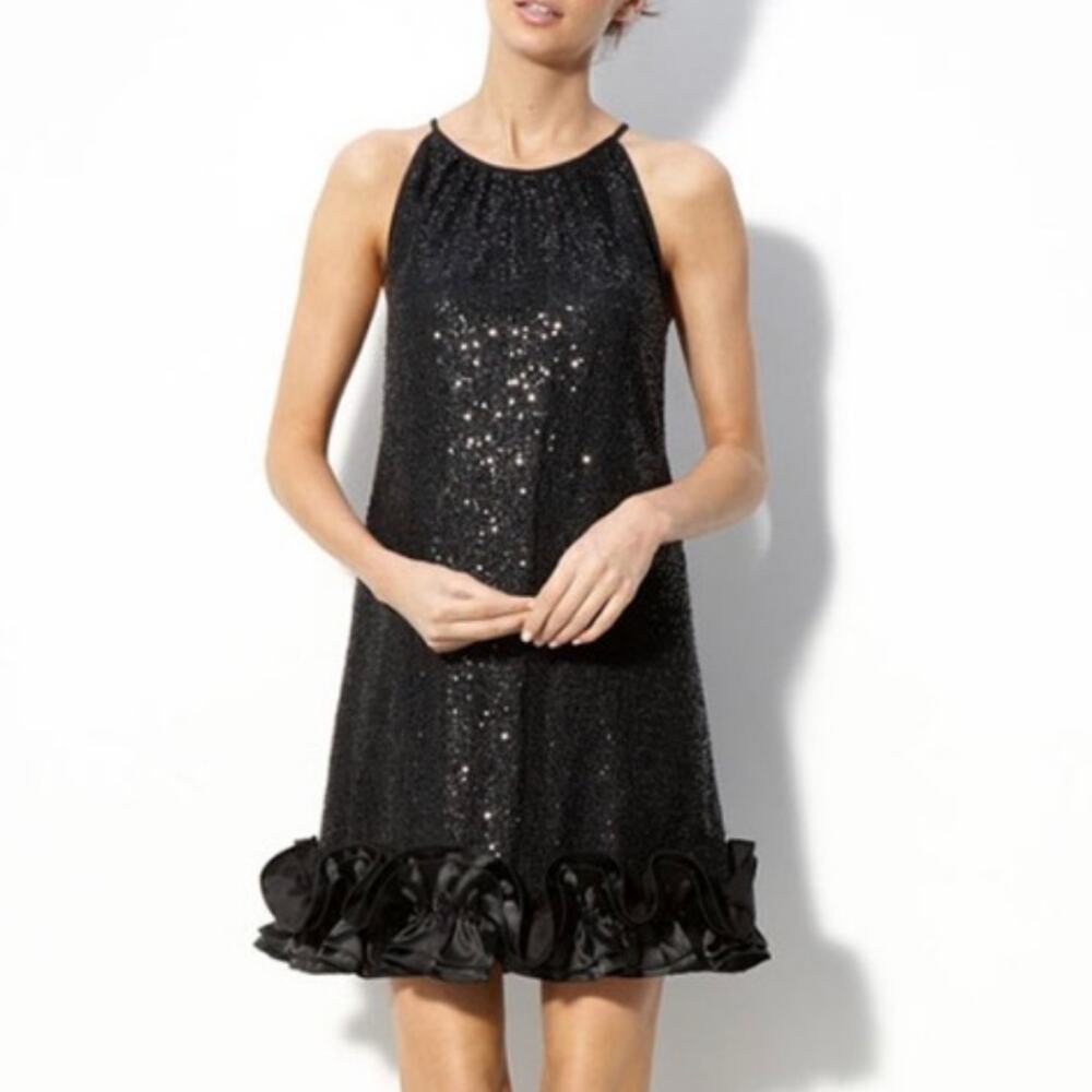 Love, Carmen Black Sequin Ruffle Dress Short Mini 0